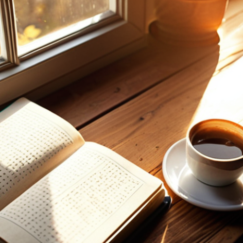 Home 6 **
> A gratitude journal on a wooden desk next to a warm cup of coffee. Sunlight streams through a window, illuminating the journal pages. Soft, inviting atmosphere. Keywords: *gratitude, journal, coffee, sunlight, cozy, writing.*
**