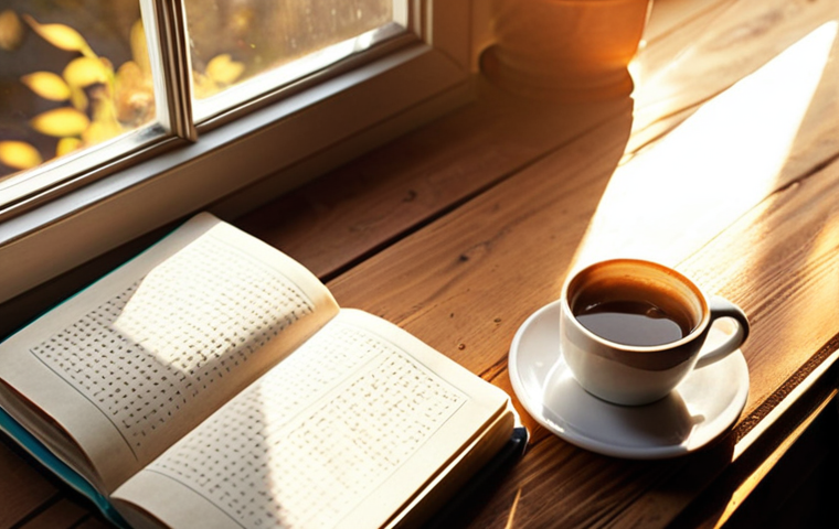 **
> A gratitude journal on a wooden desk next to a warm cup of coffee. Sunlight streams through a window, illuminating the journal pages. Soft, inviting atmosphere. Keywords: *gratitude, journal, coffee, sunlight, cozy, writing.*
**