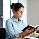 A professional woman in her mid-30s, wearing a modest, smart casual outfit consisting of a blouse and tailored trousers. She is seated at a minimalist desk in a sunlit, modern home office. Her expression is calm and focused as she reads a physical book. A warm cup of tea rests beside her. In the subtle background, a blurred laptop screen hints at digital notifications. Perfect anatomy, correct proportions, natural pose, well-formed hands, proper finger count. Professional photography, high-resolution, soft natural lighting, serene atmosphere. Safe for work, appropriate content, fully clothed, modest, family-friendly.