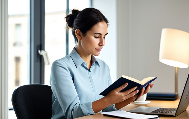 A professional woman in her mid-30s, wearing a modest, smart casual outfit consisting of a blouse and tailored trousers. She is seated at a minimalist desk in a sunlit, modern home office. Her expression is calm and focused as she reads a physical book. A warm cup of tea rests beside her. In the subtle background, a blurred laptop screen hints at digital notifications. Perfect anatomy, correct proportions, natural pose, well-formed hands, proper finger count. Professional photography, high-resolution, soft natural lighting, serene atmosphere. Safe for work, appropriate content, fully clothed, modest, family-friendly.