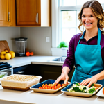 Colorful & Healthy Meal Prep**

"A brightly lit kitchen scene. A woman wearing an apron is smiling as she organizes colorful, pre-prepared meals into containers. The meals feature vibrant fruits, vegetables, lean proteins, and whole grains. The countertop is clean and organized with reusable containers and healthy snacks visible. safe for work, appropriate content, fully clothed, professional, perfect anatomy, natural proportions, well-formed hands, proper finger count, family-friendly, focus on healthy eating habits"

**