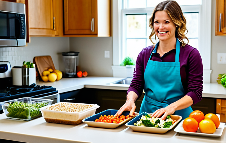 Colorful & Healthy Meal Prep**

"A brightly lit kitchen scene. A woman wearing an apron is smiling as she organizes colorful, pre-prepared meals into containers. The meals feature vibrant fruits, vegetables, lean proteins, and whole grains. The countertop is clean and organized with reusable containers and healthy snacks visible. safe for work, appropriate content, fully clothed, professional, perfect anatomy, natural proportions, well-formed hands, proper finger count, family-friendly, focus on healthy eating habits"

**