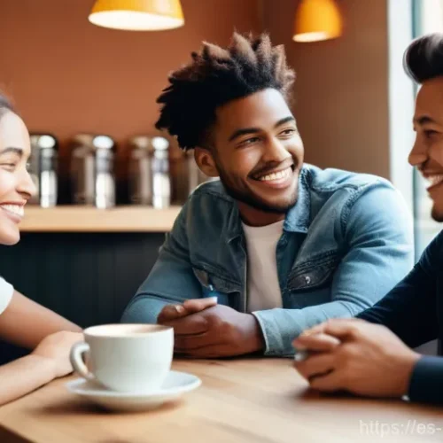 Home 21 행복을 위한 긍정적인 사람들 만나기 - **Prompt:** A diverse group of four young adults, dressed in trendy casual wear, gathered around a l...