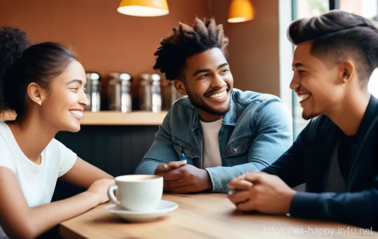 행복을 위한 긍정적인 사람들 만나기 - **Prompt:** A diverse group of four young adults, dressed in trendy casual wear, gathered around a l...