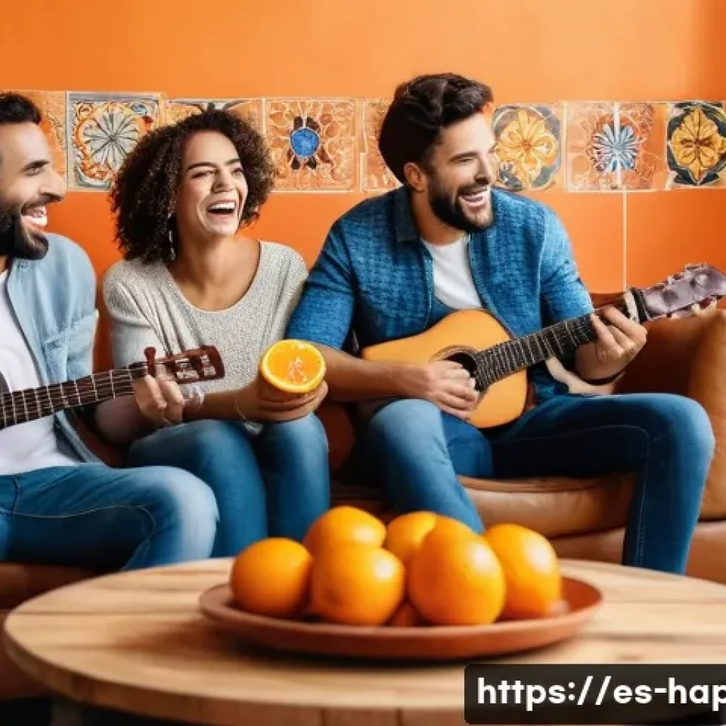행복을 위한 유머의 중요성 - A lively and warm scene of a diverse group of Spanish friends laughing together in a cozy living roo...