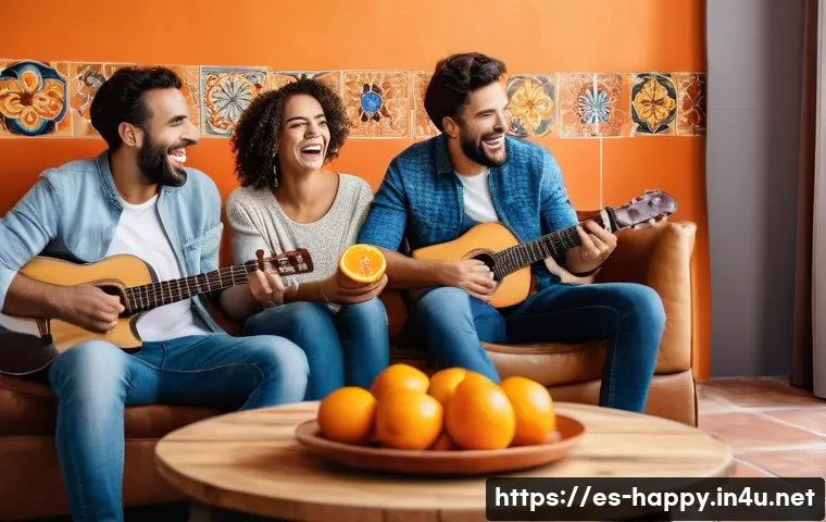행복을 위한 유머의 중요성 - A lively and warm scene of a diverse group of Spanish friends laughing together in a cozy living roo...