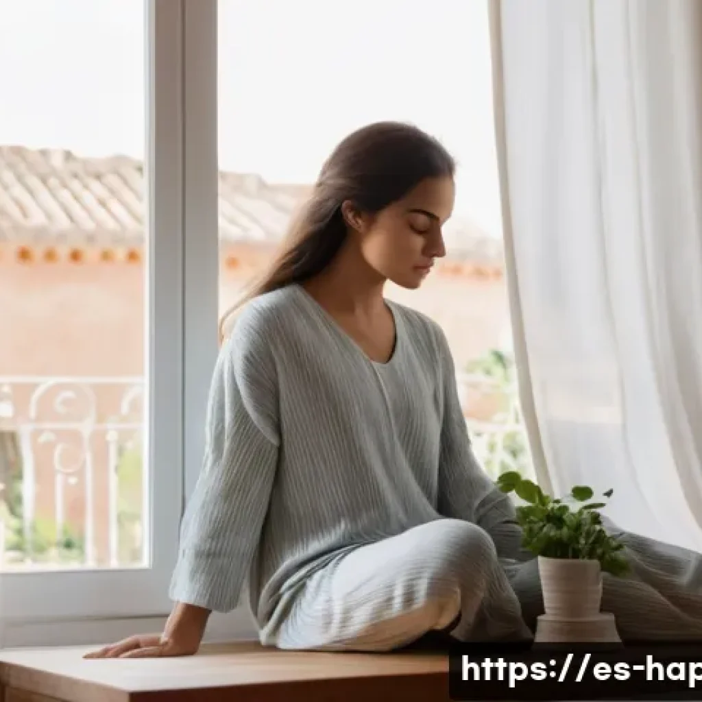 행복을 위한 자기 관리 방법 - A serene early morning scene in a cozy Spanish apartment, showing a young adult woman gently stretch...
