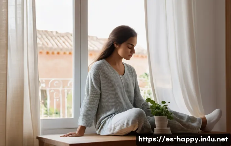 행복을 위한 자기 관리 방법 - A serene early morning scene in a cozy Spanish apartment, showing a young adult woman gently stretch...