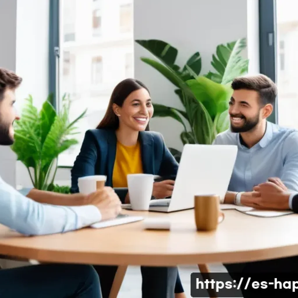 행복한 직장 생활을 위한 팁 - A warm and modern Spanish office environment showing a diverse group of young professionals engaged ...