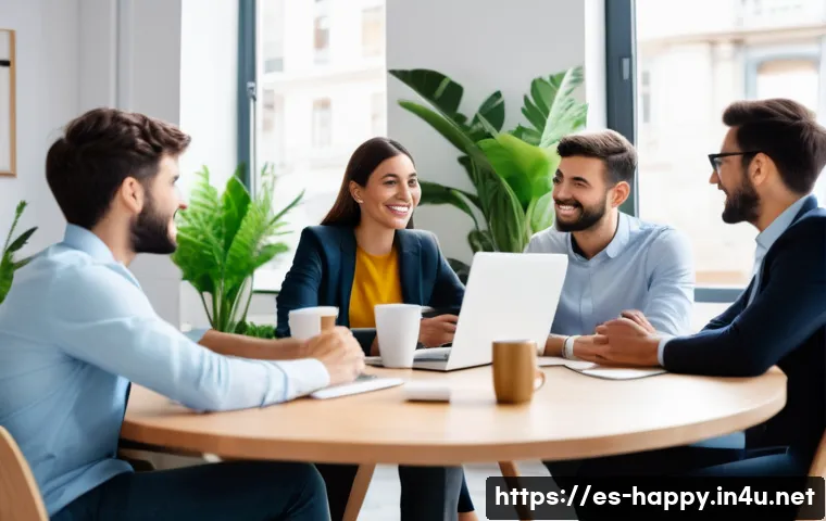 행복한 직장 생활을 위한 팁 - A warm and modern Spanish office environment showing a diverse group of young professionals engaged ...