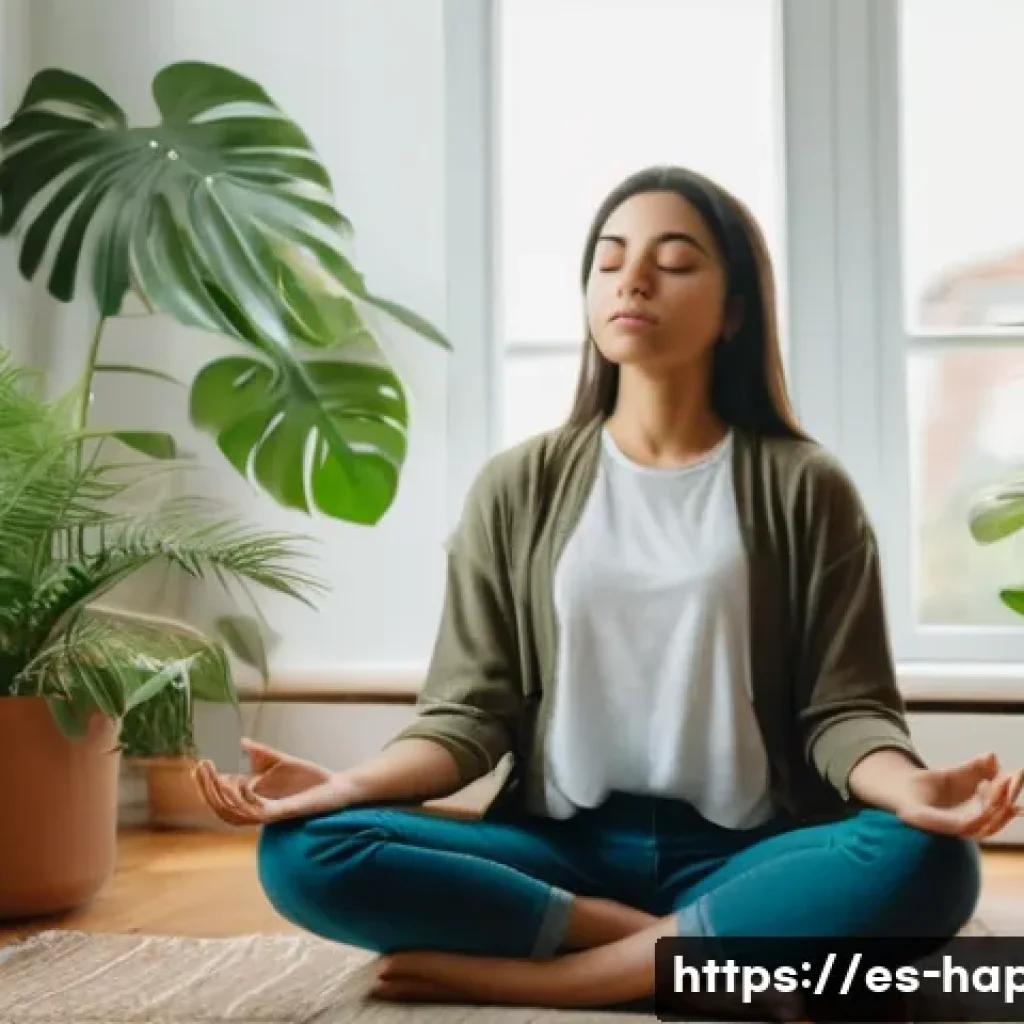 행복을 위한 자기계발 - A serene and cozy indoor scene showing a young adult woman practicing mindful breathing meditation i...