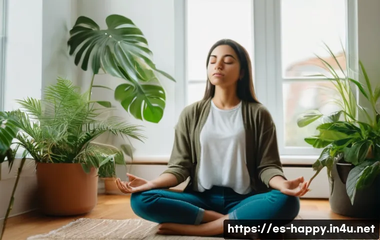 행복을 위한 자기계발 - A serene and cozy indoor scene showing a young adult woman practicing mindful breathing meditation i...