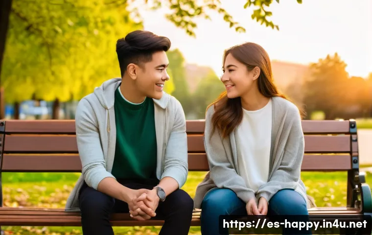 행복을 위한 친구와의 관계 - A warm and inviting scene of two close friends sitting on a park bench during golden hour, engaged i...