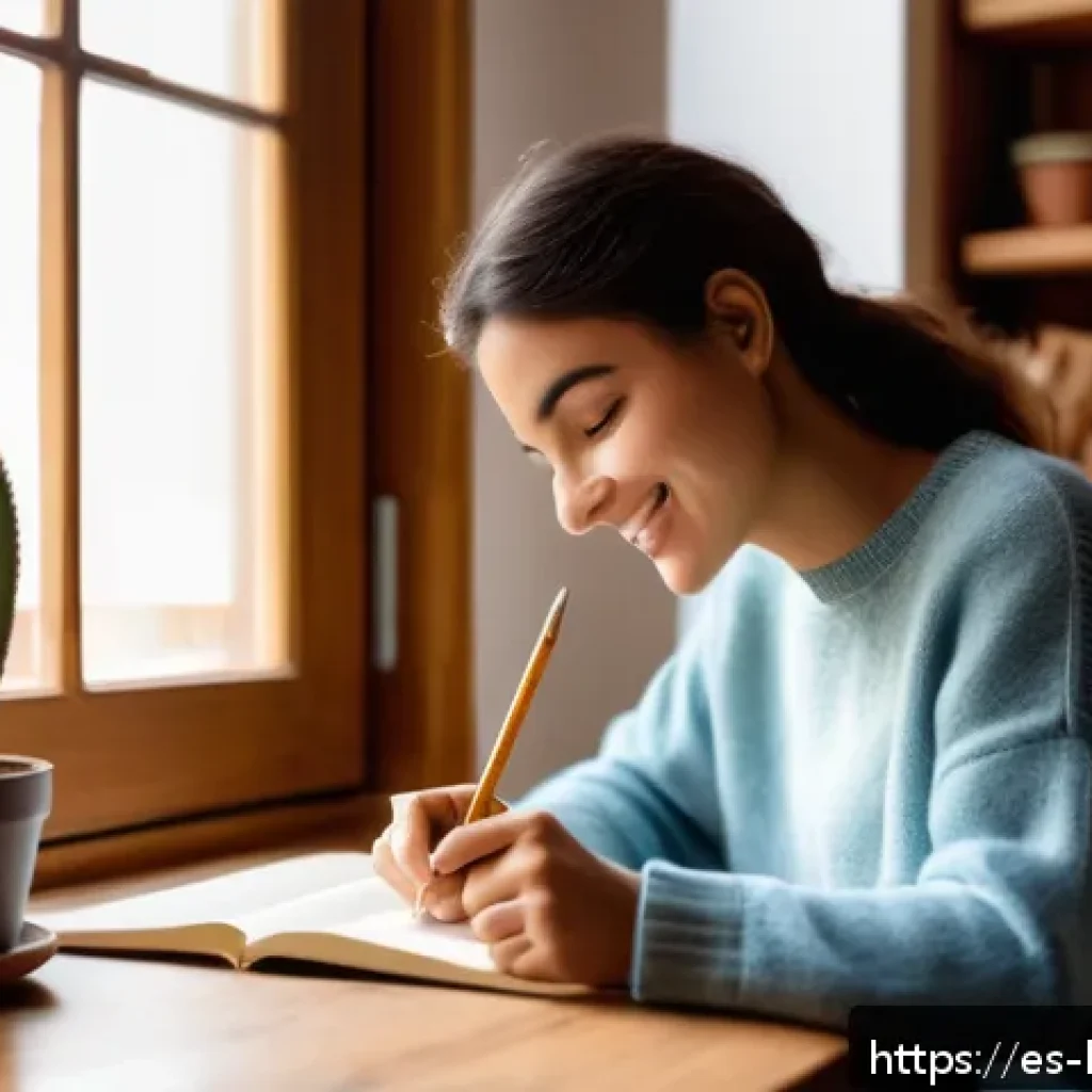 행복을 위한 성취감 높이는 방법 - A warm and cozy home office scene in a Spanish-style apartment, with a young adult woman sitting at ...
