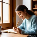 행복을 위한 성취감 높이는 방법 - A warm and cozy home office scene in a Spanish-style apartment, with a young adult woman sitting at ...