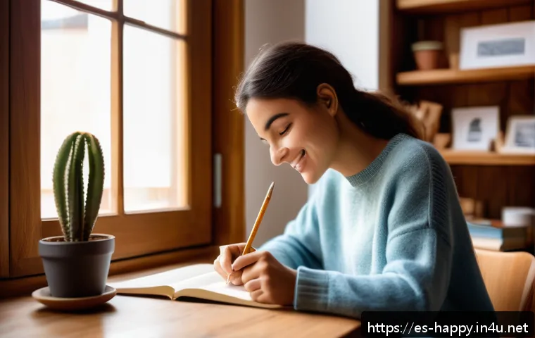 행복을 위한 성취감 높이는 방법 - A warm and cozy home office scene in a Spanish-style apartment, with a young adult woman sitting at ...