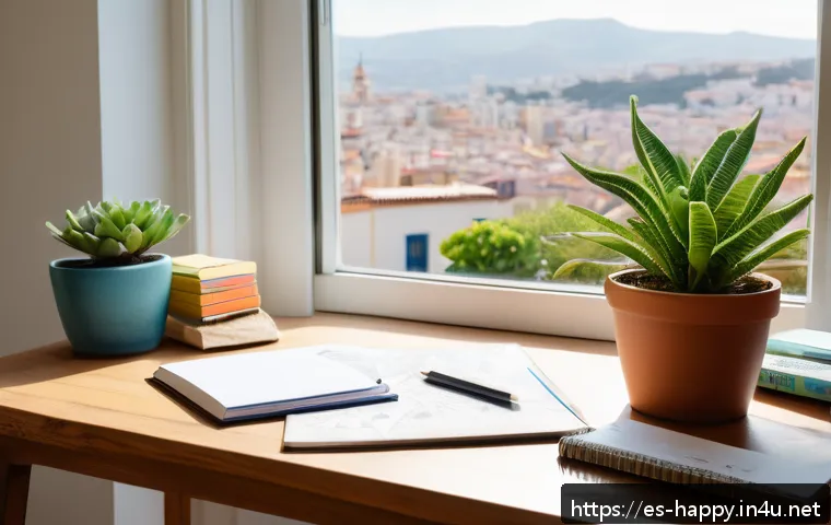 행복한 사람들의 비전 설정 - A serene and inspiring workspace bathed in natural light, featuring a large wooden desk with a visio...