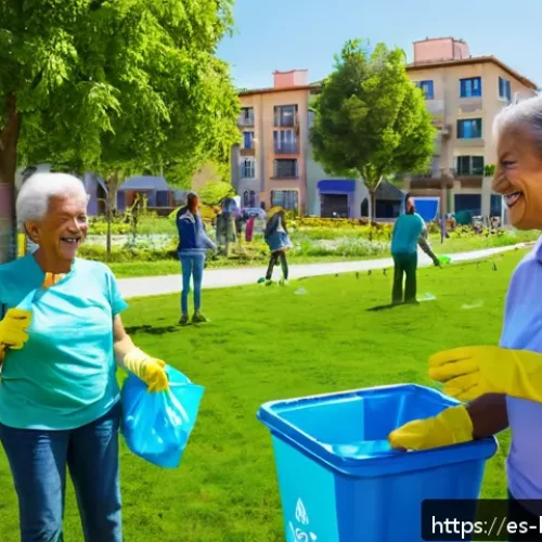 행복을 위한 사회적 책임 - A vibrant community park cleanup event in a Spanish-speaking urban neighborhood, featuring diverse a...