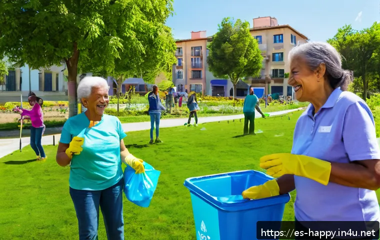 행복을 위한 사회적 책임 - A vibrant community park cleanup event in a Spanish-speaking urban neighborhood, featuring diverse a...