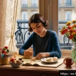 행복을 위한 영감을 주는 영화 - A warm, cozy Parisian apartment interior inspired by the film "Am&eacute;lie," featuring a young woman with...