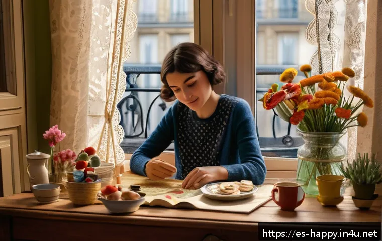 행복을 위한 영감을 주는 영화 - A warm, cozy Parisian apartment interior inspired by the film "Am&eacute;lie," featuring a young woman with...