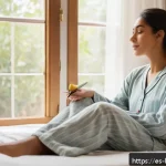 행복한 하루 보내는 법 - A serene morning scene in a cozy, sunlit bedroom with soft natural light streaming through large win...