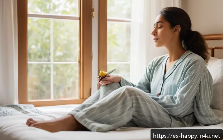 행복한 하루 보내는 법 - A serene morning scene in a cozy, sunlit bedroom with soft natural light streaming through large win...