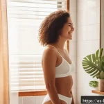 행복한 삶을 위한 간단한 조언 - A serene morning scene featuring a young Hispanic woman smiling gently at herself in a bathroom mirr...
