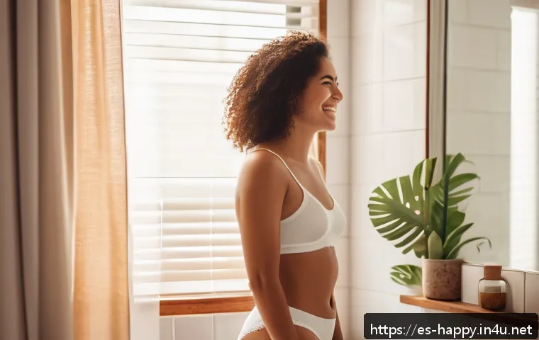 행복한 삶을 위한 간단한 조언 - A serene morning scene featuring a young Hispanic woman smiling gently at herself in a bathroom mirr...