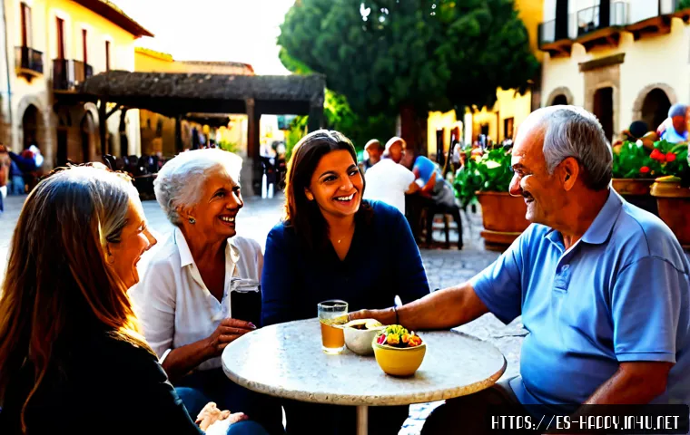 행복을 위한 사회적 활동 참여 - Photorealistic community gathering in a sunny Spanish town plaza, diverse adults and cheerful senior...