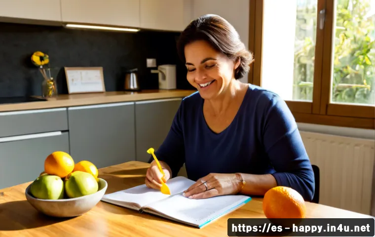 행복한 습관 만들기 - Photorealistic morning routine scene in a warm Spanish apartment kitchen, smiling middle-aged woman ...